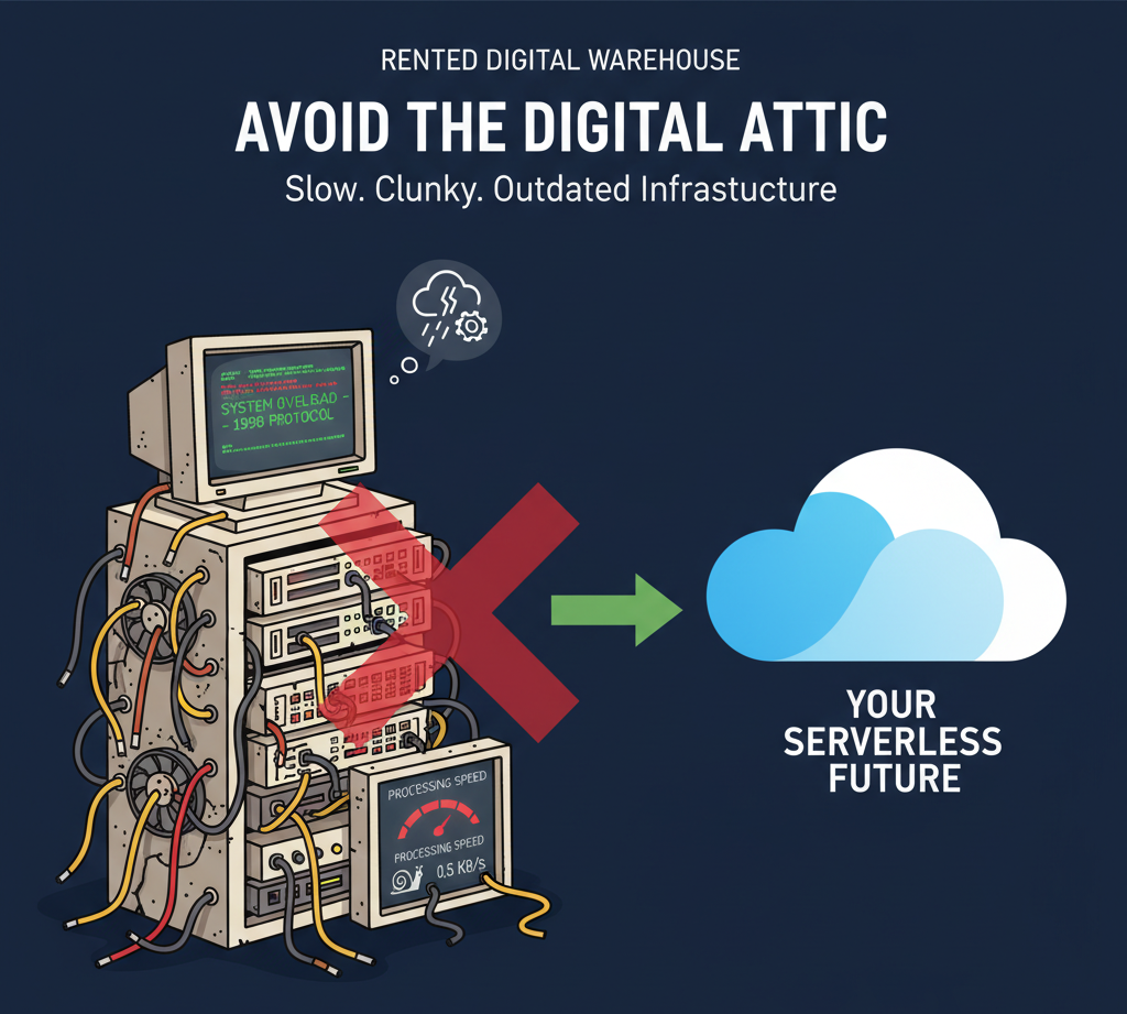 Diagram of an old, clunky server setup representing traditional hosting.
