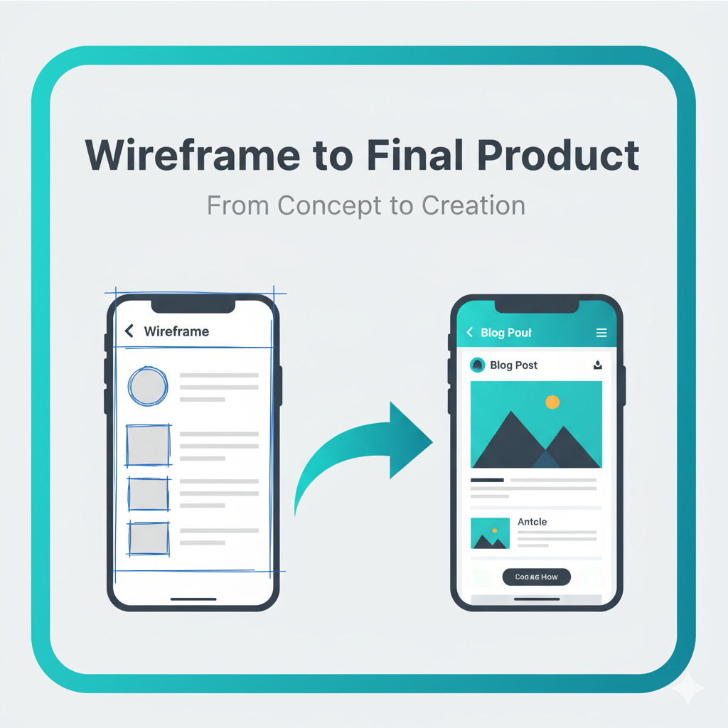 Illustration showing the progression from a wireframe sketch to a final polished product.