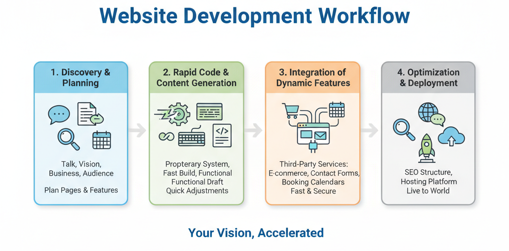 Workflow diagram showing the process of building a website.